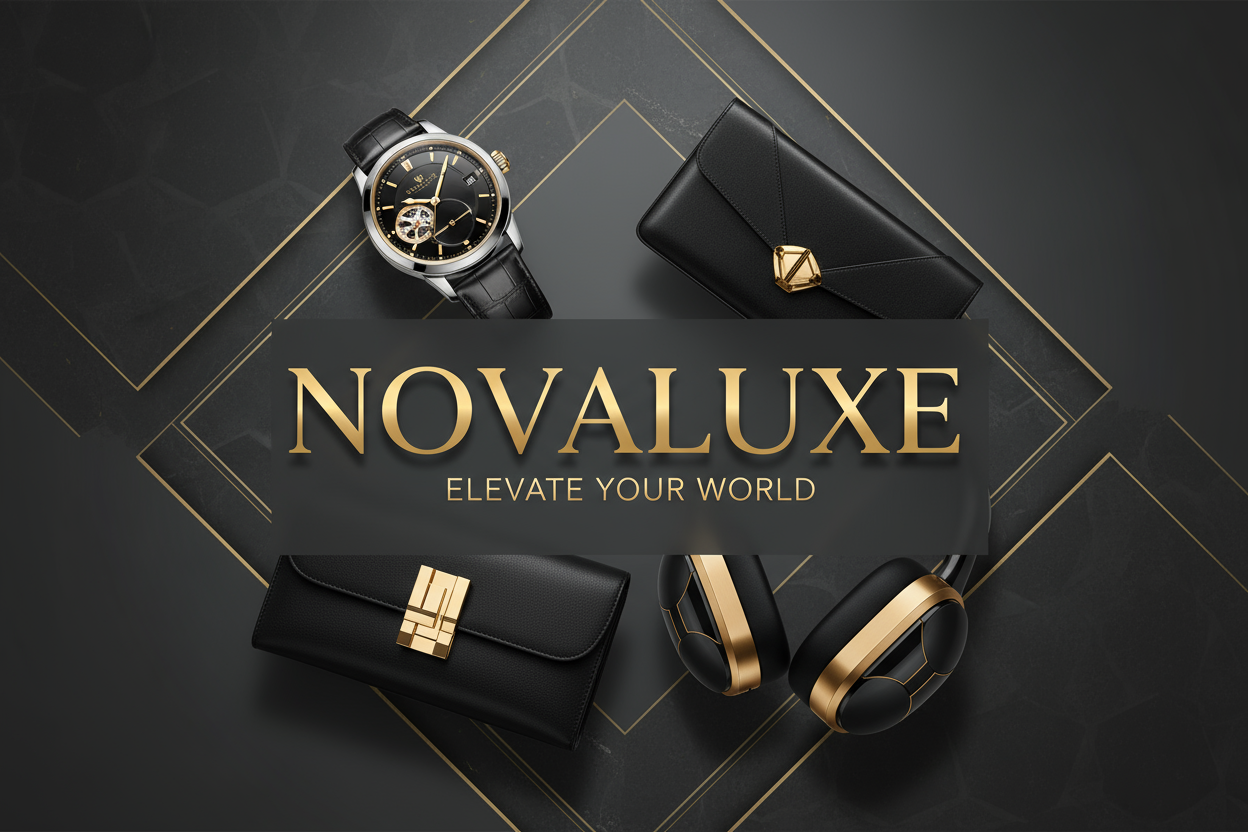hazme una imagen repreesentativaa con el nombre NOVALUXE de centro la imagen debe ser llamativa con colores grises y dorados que generen confianza, son productos del nicho black que generen deseo qque la gente se siente que los tiene que comprar